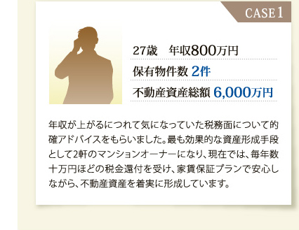 年収が上がるにつれて気になっていた税務面について的確アドバイスをもらいました。最も効果的な資産形成手段として2軒のマンションオーナーになり、現在では、毎年数十万円ほどの税金還付を受け、家賃保証プランで安心しながら、不動産資産を着実に形成しています。